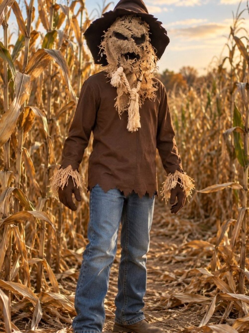 Boys Youth XL 12-14 Wicked Scarecrow Halloween Costume Hat Mask/Rope Gloves Top